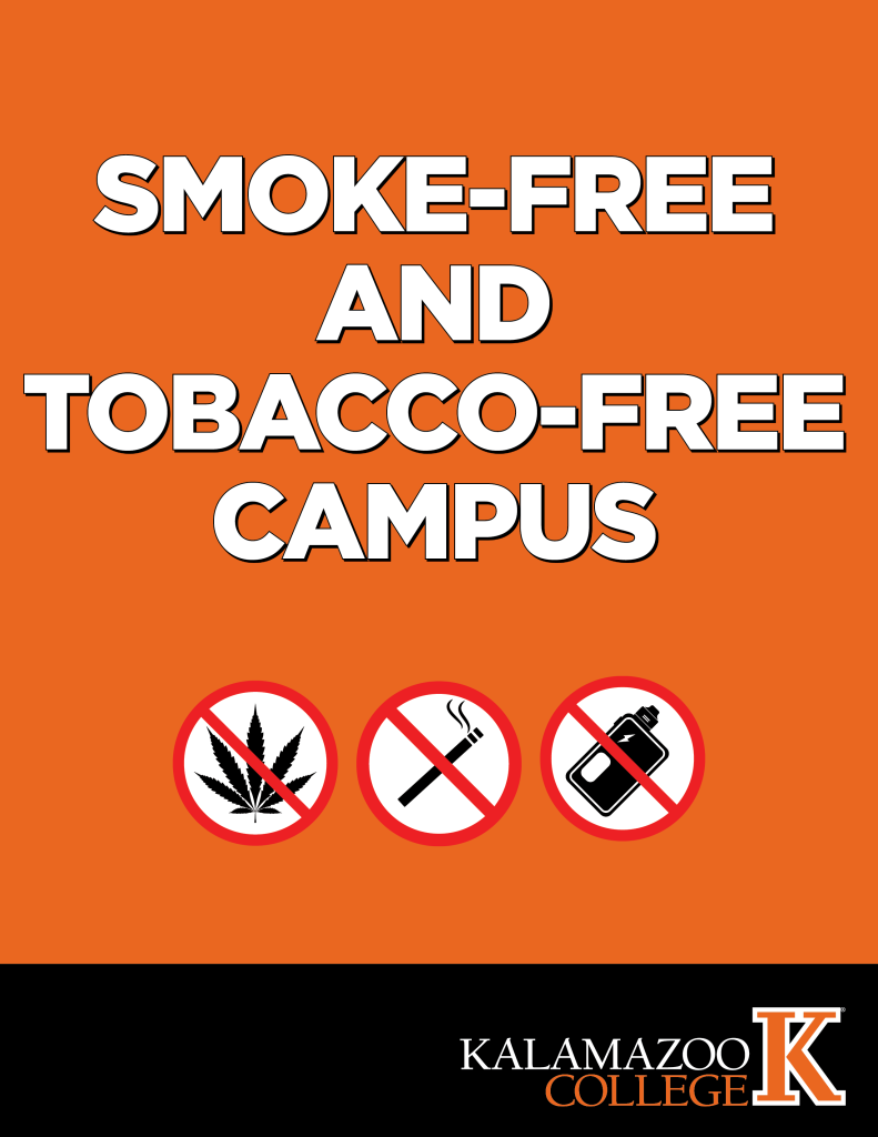 Image of text stating "smoke-free and tobacco-free campus" on an orange background with no cannabis icon, no cigarette icon, no vaping icon