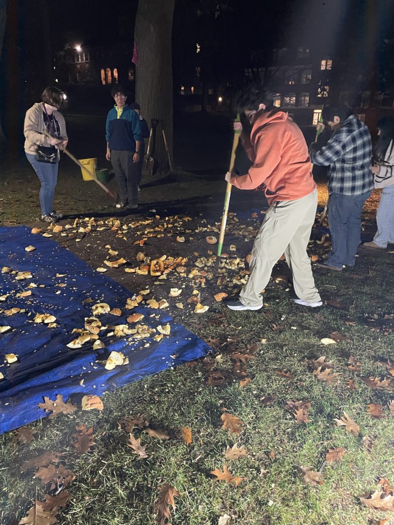 A group of students chopping pumpkins in the Quad